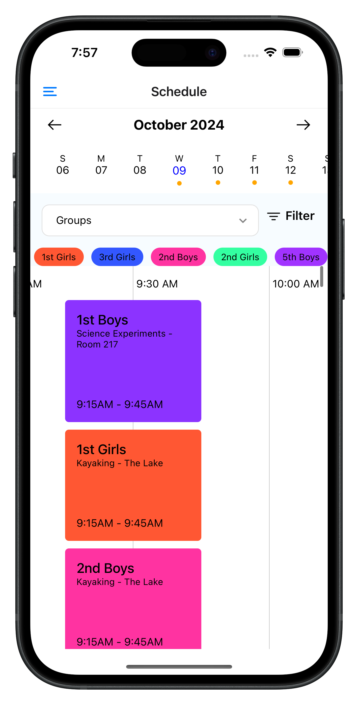 Campify app schedule view